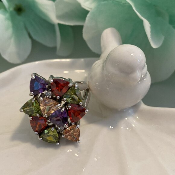 ABSTRACT FAUX CITRINE, RUBY, PERIDOT & AMETHYST CRYSTAL RING - Picture 1 of 8